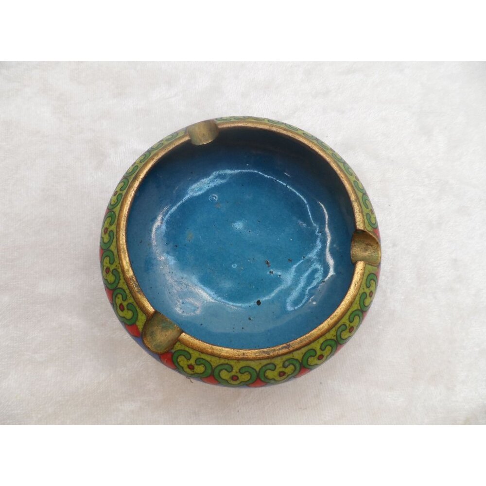 Vintage Chinese Cloisonné Enamel Round Ashtray Blue Floral Trinket Dish 3.5” - Picture 2 of 13